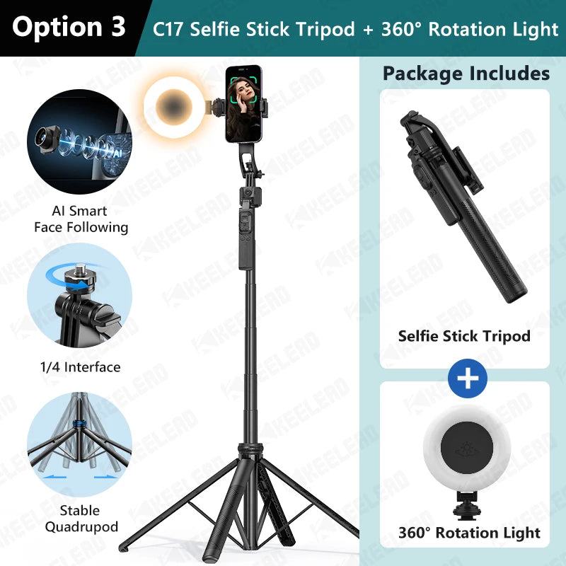 Elevate Your Selfies with the C17 AI Face Tracking Tripod - 360° Auto-Rotation, Remote Control & Versatile Quadrapod Design