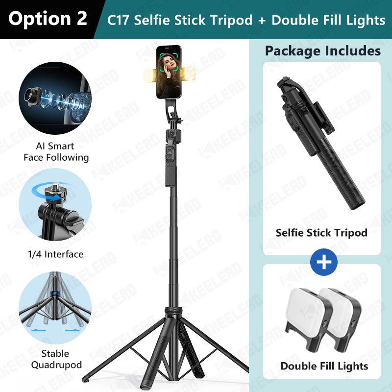 Elevate Your Selfies with the C17 AI Face Tracking Tripod - 360° Auto-Rotation, Remote Control & Versatile Quadrapod Design