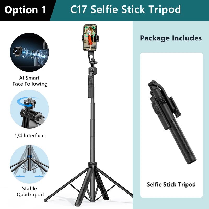 Elevate Your Selfies with the C17 AI Face Tracking Tripod - 360° Auto-Rotation, Remote Control & Versatile Quadrapod Design